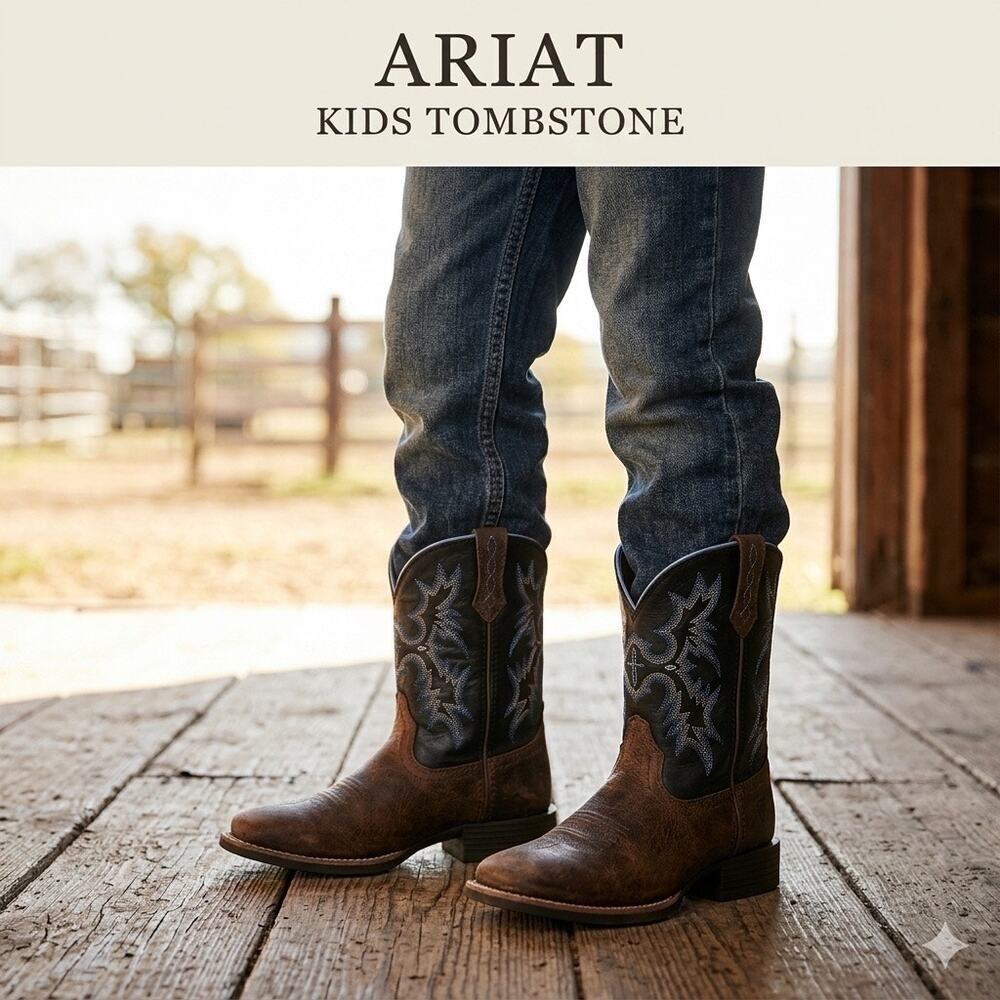 Ariat Kid's Tombstone Wide Square Toe Western Boots Earth/Black Size 12